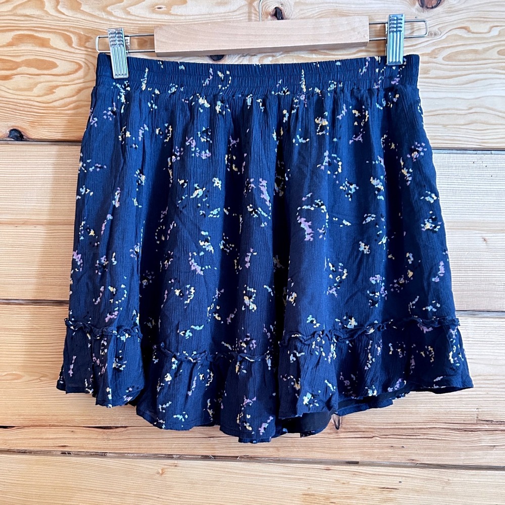 Mini‎ Skirt Womens Small Navy Blue Excellent Ruffle Hem Abstract Print GxF